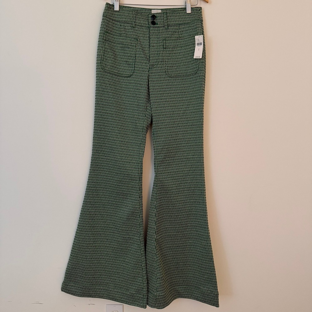 NWT Anthropologie Maeve Plaid Mega-Flare Knit Pants Green Herringbone Size 4